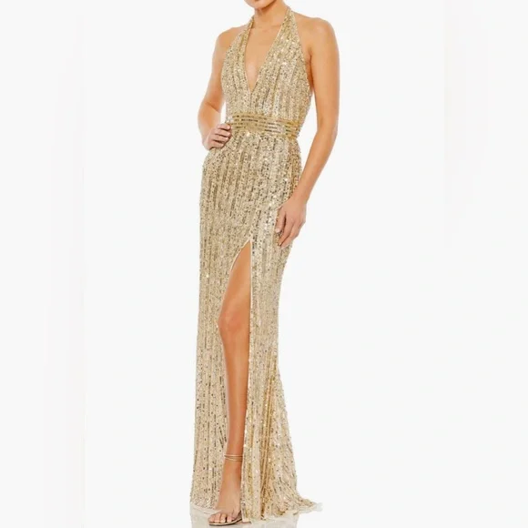 Mac Duggal | Dresses | Nwt Mac Duggal Gold Sequin Halter Neck Sheath Gown  Style 5759 | Poshmark